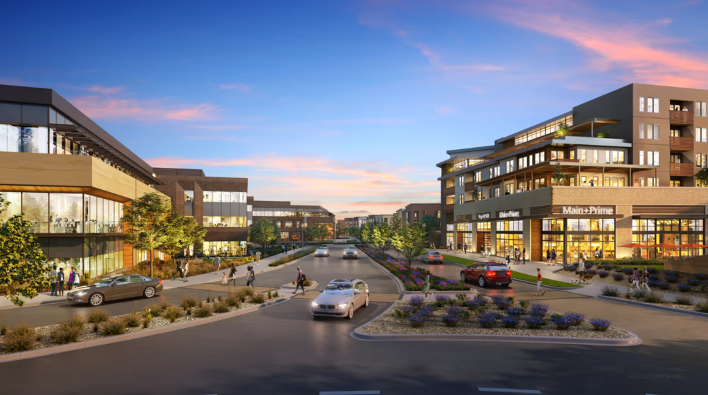 Rendering of buildings with a road in the center