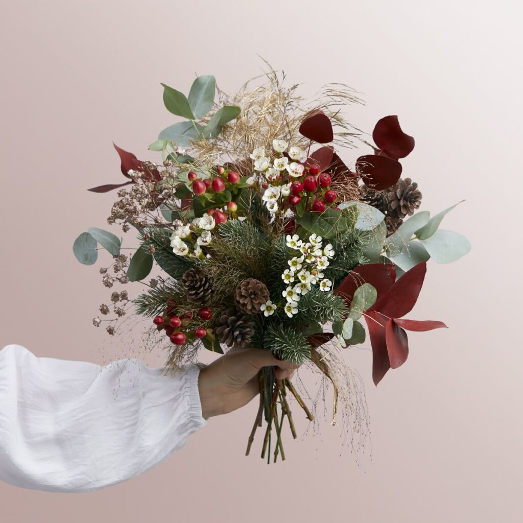 Image of a maroon and green flower bouquet