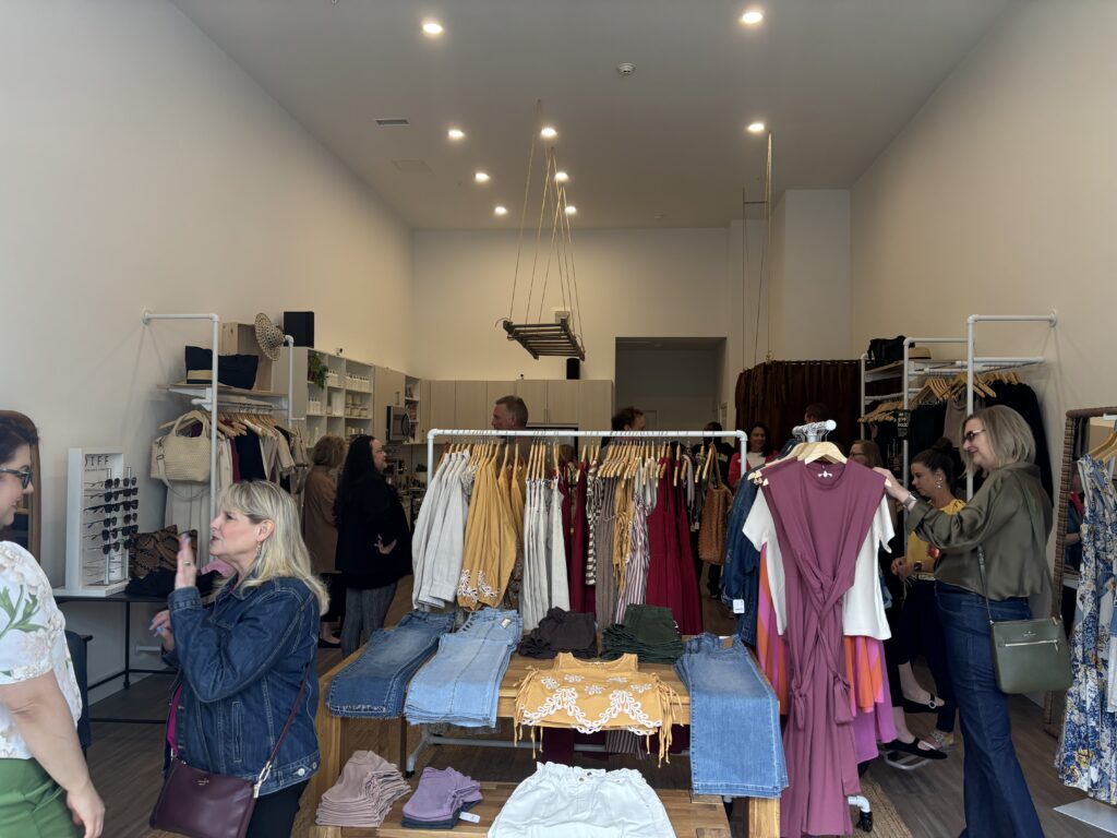 Picture of people shopping and talking in a boutique clothing store