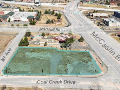 Intersection of 1st Ave, Coal Creek Drive and McCaslin Blvd, with the land in between the streets highlighted in green